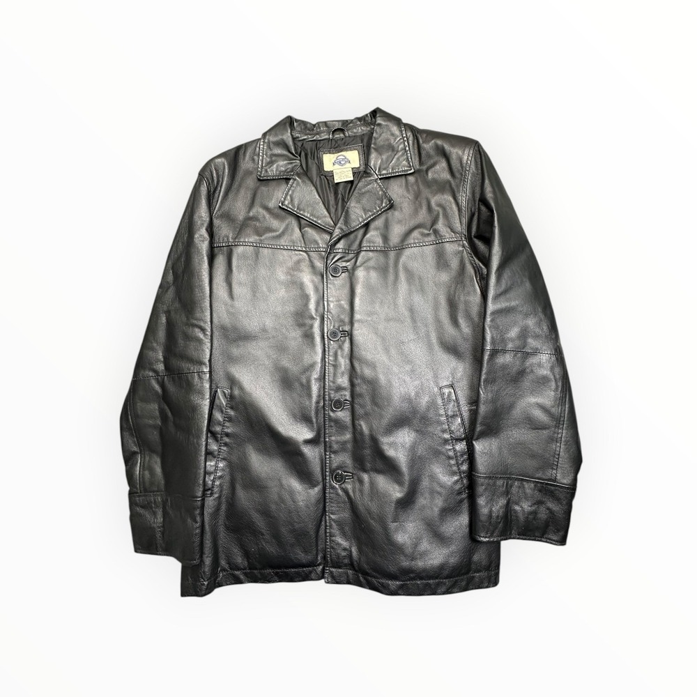 Shaver Lake‎ Leather Jacket Mens L Black Button Front Mid Length Quilted Lining
